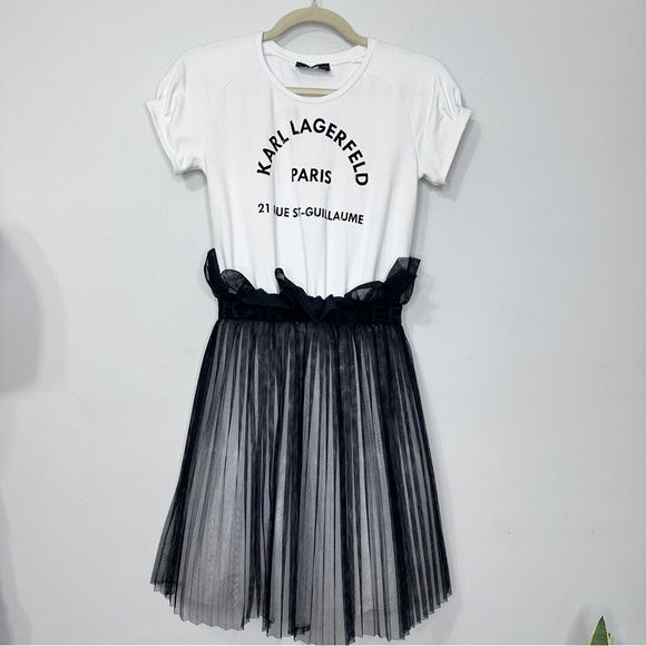 KARL LAGERFELD Black White Mid Length Tulle Logo Dress Sz 14 - Picture 2 of 10